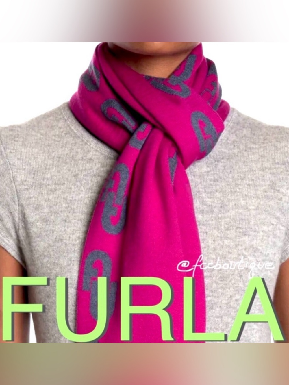 FURLA Wool LOGO MONOGRAM scarf hot pink gray